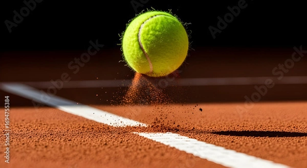 Fototapeta Tennis ball bounces on the clay court near the white line, showcasing the dynamic movement and texture of the game with a dark background