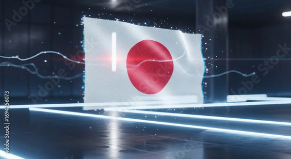 Fototapeta Dynamic Japan flag waves in futuristic digital space with glowing data streams and bright light accents