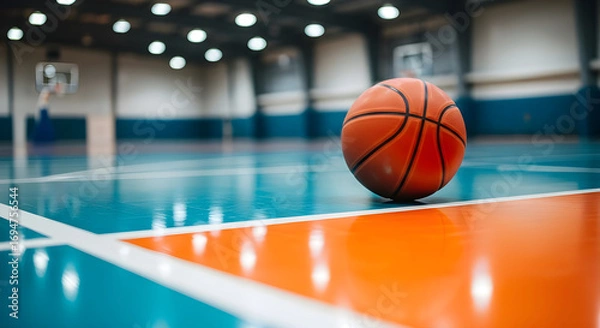 Fototapeta A basketball rests on a polished indoor court, ready for a game, with blurred hoops in the background, creating a sense of anticipation