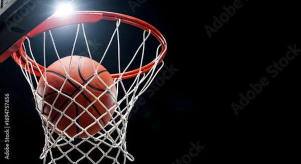 Fototapeta A dramatic shot of a basketball going through the hoop, set against a dark background, highlighting the thrill and precision of the sport