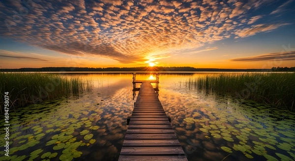 Fototapeta A breathtaking sunset over a tranquil lake, with a wooden pier leading into the water, reflecting the vibrant colors of the sky and the surrounding nature