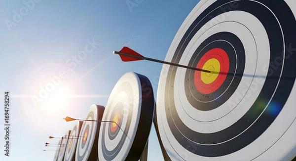 Fototapeta A series of targets with arrows hitting the bullseye, symbolizing success, accuracy, and achieving goals, with a bright sun in the background
