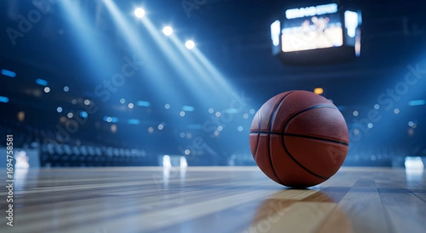Fototapeta A closeup shot of a basketball on a polished court, with a blurred background of stadium seating and bright lights creating an atmosphere of anticipation