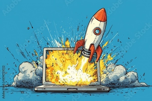 Fototapeta Cartoon rocket blasting out of a laptop screen with fire, smoke, and explosions. Symbol of innovation, startup growth, and digital breakthrough
