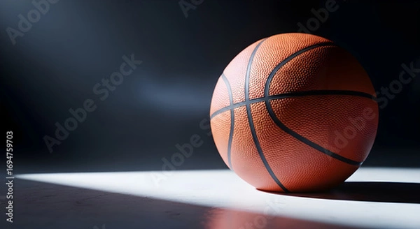 Fototapeta Closeup of a textured orange basketball illuminated by a spotlight on a white surface, casting a dramatic shadow against a dark background