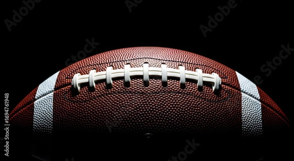 Fototapeta Closeup of an american football on a black background, showing the texture and laces of the ball, perfect for sports and gamerelated themes
