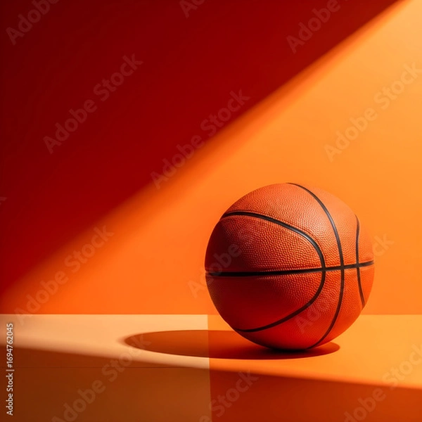 Fototapeta A basketball resting on a surface with a strong light casting a shadow, creating a contrast between the orange ball and the background