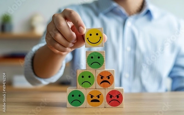 Fototapeta Customer experience concept with a pyramid of wooden blocks, representing different emotions with faces. Excellent feedback, happy client