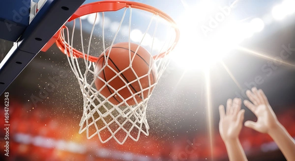 Fototapeta Basketball going through the net with stadium lights shining, capturing the excitement and action of a basketball game, perfect for sports themes