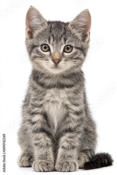 Obraz Adorable Gray Tabby Kitten on White Background for Commercial Use