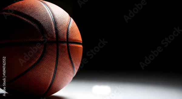 Fototapeta Closeup of an orange basketball on a white surface against a black background, showcasing its texture and design with dramatic lighting
