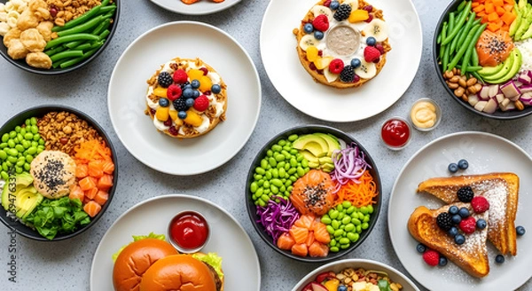 Fototapeta Overhead shot of various healthy food bowls and plates, including salads, sandwiches, and desserts colorful and nutritious options for a balanced diet
