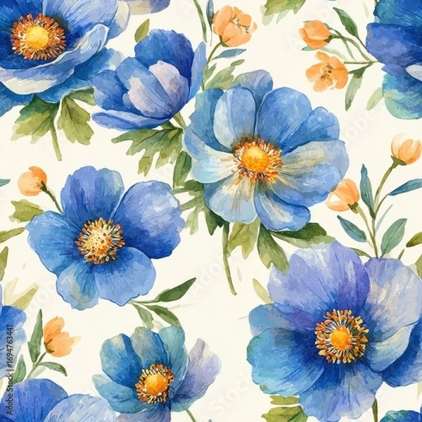 Obraz Elegant Seamless Watercolor Flower Pattern Featuring Blue And Orange Floral Elements