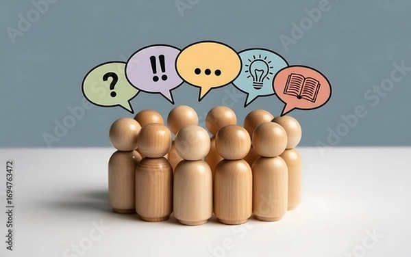 Obraz Conceptual representation of a team's collaborative process using wooden figures. Colorful speech bubbles symbolize brainstorming, asking questions, finding solutions, and sharing knowledge