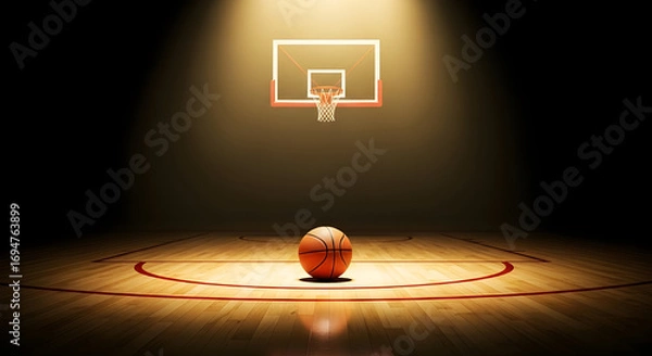 Fototapeta Dramatic spotlight on a basketball and hoop, creating a sense of anticipation and focus on the game, isolated on white background