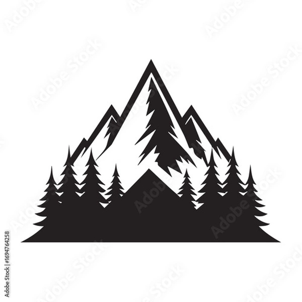 Fototapeta Stylized black silhouette of a mountain range with pine trees in the foreground, isolated on a white background