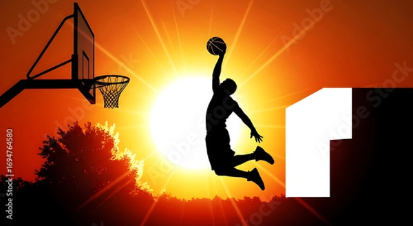 Fototapeta A silhouette of a basketball player soaring through the air for a slam dunk against a vibrant sunset, capturing the essence of athleticism and skill