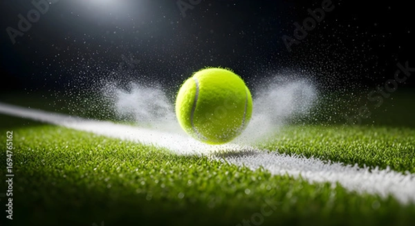 Fototapeta A tennis ball on the court with a burst of impact, highlighting the speed and precision of the game, set against a dark background, isolated on white background