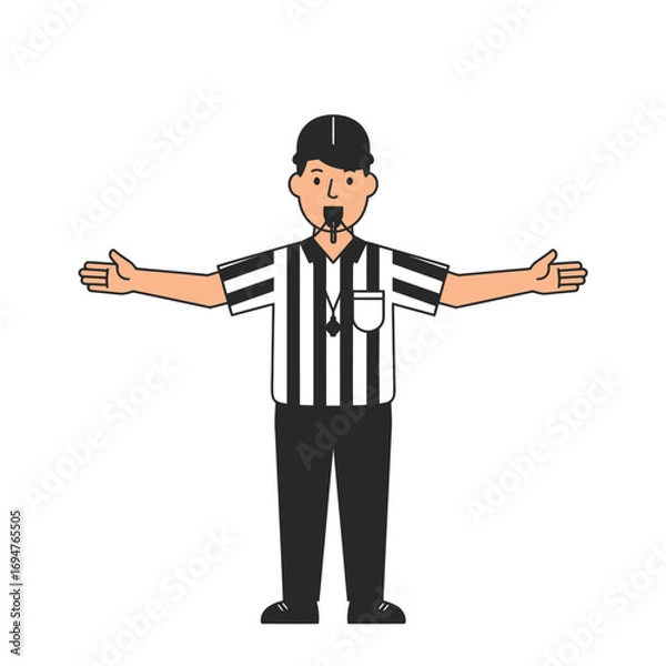 Fototapeta Isolated sports referee cartoon making a hand signal with outstretched arms, a flat vector concept illustration of rules and judgment in a game