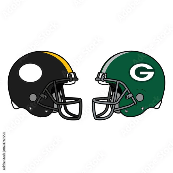 Fototapeta Vector illustration of two classic American football helmets facing off in a competitive sports matchup, one black team versus a green team icon
