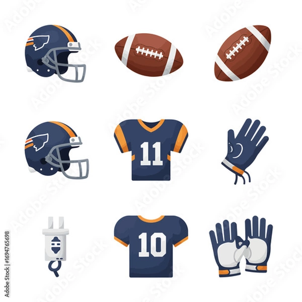 Fototapeta A conceptual icon set of American football equipment, featuring isolated vector illustrations of helmets, jerseys, gloves, and balls for sports design