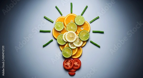 Fototapeta Creative light bulb concept made from fresh fruits and vegetables, symbolizing healthy eating, innovative ideas, and the power of natural ingredients