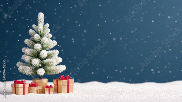 Fototapeta Christmas tree and gift boxes with snow