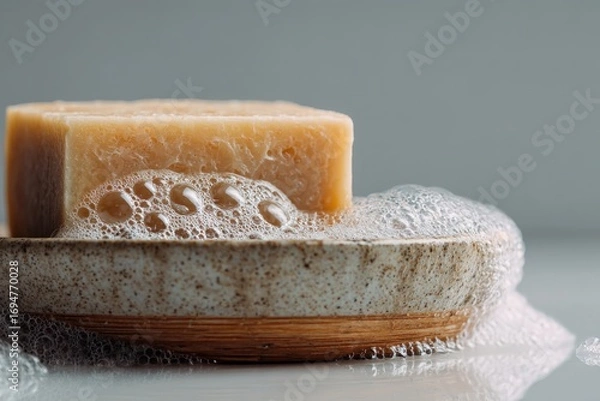 Fototapeta Close-up of African Soap Bar on Ceramic Dish with Foam and Water