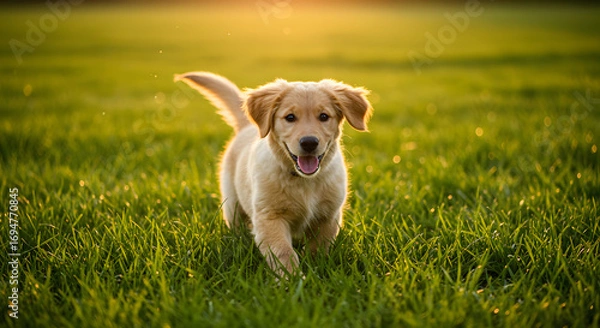 Fototapeta A cute golden retriever puppy sitting in the green grass on a summer day