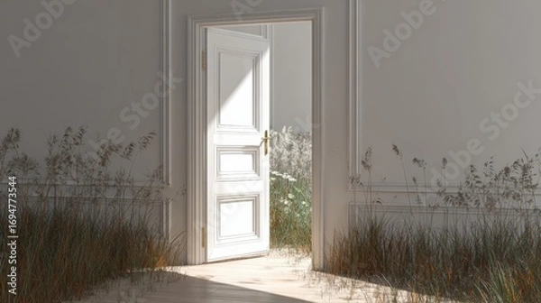 Fototapeta Open door leading to a bright garden scene with lush greenery and sunlight streaming in, interior room with white walls and decorative molding