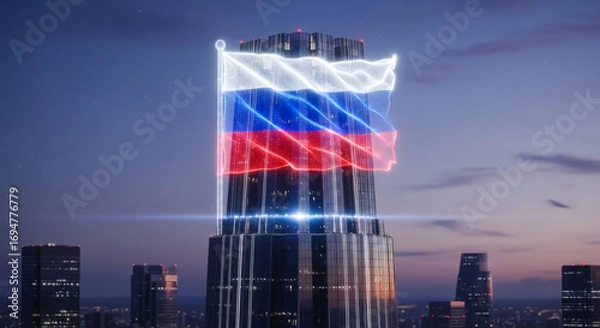 Fototapeta Stunning Russian flag projection illuminates modern skyscraper at dusk, symbolizing national pride and corporate power.