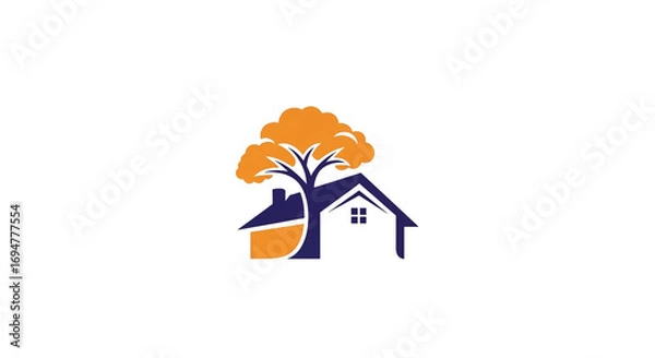 Fototapeta A stylized image of a tree with orange leaves and a house structure in purple on black background
