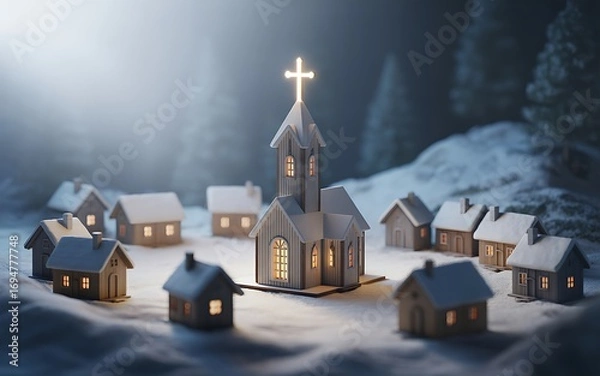 Fototapeta A peaceful, snow-covered village centered around a charming church, illuminated warmly against a twilight winter backdrop, evoking a sense of community and holiday spirit