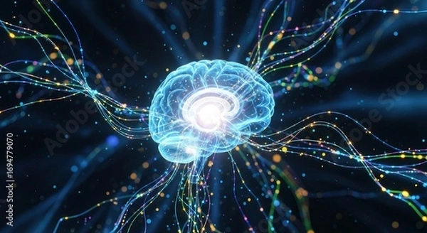 Fototapeta Glowing translucent brain central to a dark field interconnected by vibrant light-dotted neural pathways radiating outwards and inwards
