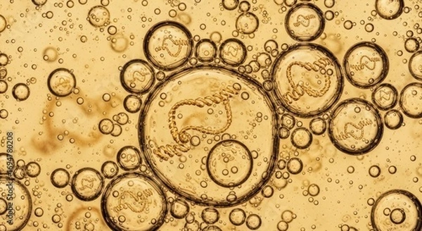 Fototapeta Golden liquid containing clear spheres of various sizes with many larger spheres encasing coiled double-helix-like filaments