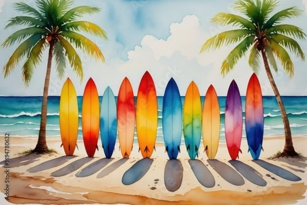 Fototapeta A Vibrant Display of Surfboards Stretched along a Tropical Beach under Palm Trees and a Sunny Sky