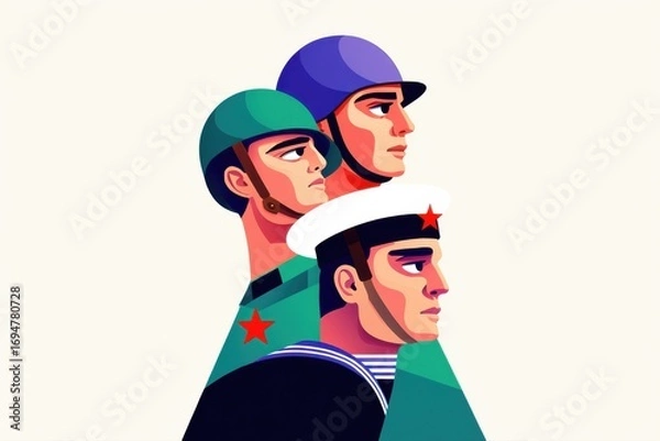 Fototapeta Illustration Featuring Three Different Soldiers in Distinctive Military Uniforms Representing Various Branches and Roles in a Modern Graphics Style