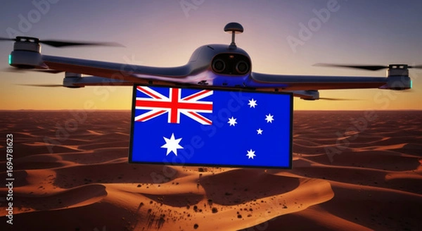 Fototapeta Advanced drone delivers Australian flag over vast desert landscape at sunset, symbolizing global reach