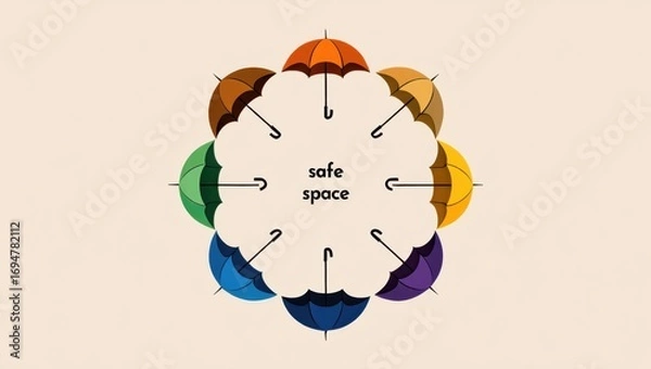 Fototapeta A Creative Representation of a Safe Space Illustrated with Colorful Umbrellas Symbolizing Acceptance, Diversity, and Community Support
