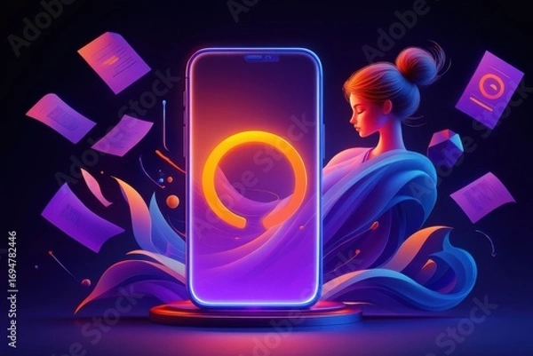 Fototapeta An Abstract Representation of a Smartphone Surrounded by Creative Elements and Fluid Design Illustrating Modern Technology and Digital Interaction