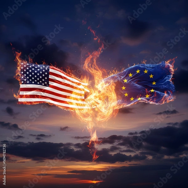 Obraz Conflict and crisis: burning US and European Union flags collide in a dramatic sky, symbolizing geopolitical tension