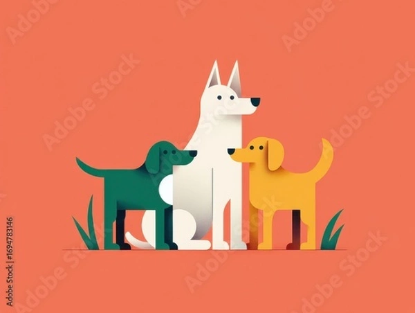 Fototapeta A Vibrant Illustration Featuring Three Stylized Dogs in Various Colors Against a Bright Background, Perfect for Animal Lovers and Pet Enthusiasts