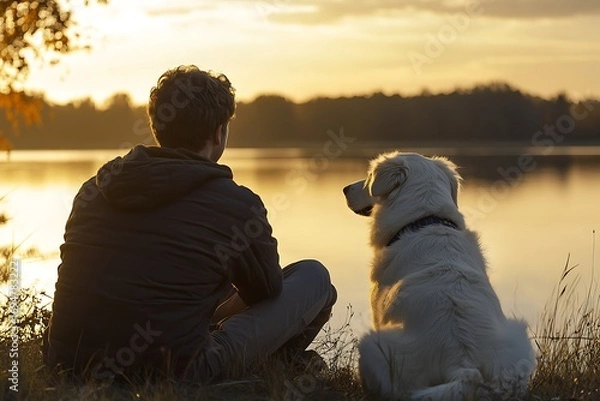 Obraz Man and White Dog Contemplate Lake at Sunset, Peaceful Companionship and Serenity