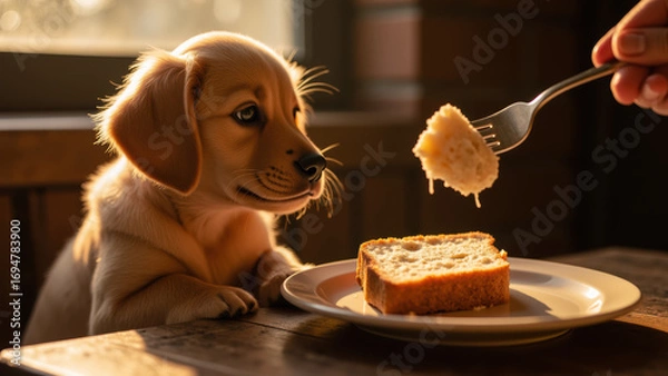 Obraz Curious puppy gazes at slice of bread on plate, captivated by food being offered. warm sunlight enhances cozy atmosphere