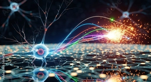 Fototapeta Illuminated abstract cells with branching structures colorful energy streams and bright sparks on a dark reflective base