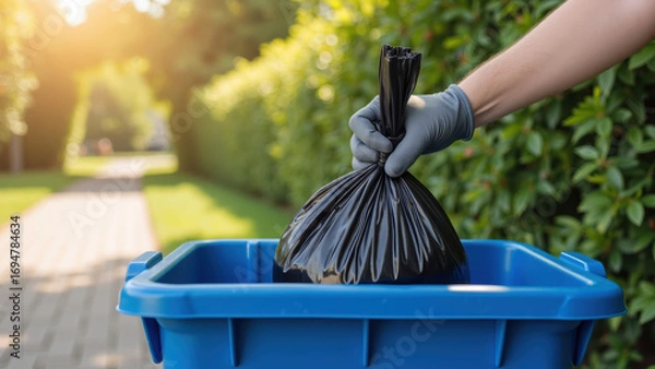 Obraz Person wearing gloves is placing black garbage bag into blue recycling bin, surrounded by greenery and pathway. scene conveys sense of cleanliness