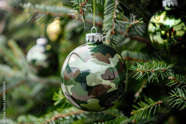 Fototapeta Camouflage-patterned Christmas ornaments hanging on a pine tree, blending military style with festive holiday decorations.