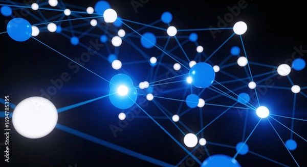 Obraz Blue and white interconnected spheres, glowing nodes, dark background.