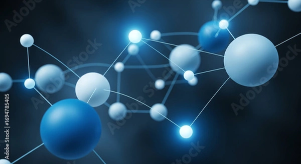Obraz Blue and white interconnected spheres, glowing nodes, dark background.
