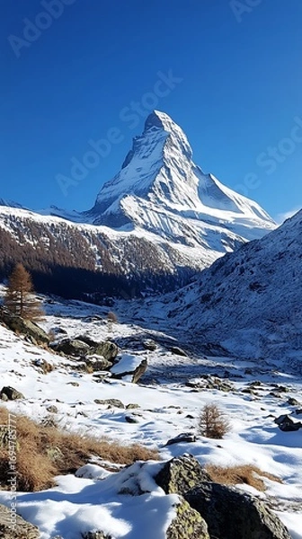 Obraz Matterhorn Peak Snow Landscape with Clear Blue Sky and Rocky Terrain in Winter